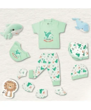 newborn baby gift set sea green 9 piece sea green 100% cotton azo-free lab tested 0-6 months mama's care india