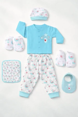 newborn baby gift set 9 piece sky blue 100% cotton azo-free lab tested 0-6 months mama's care india