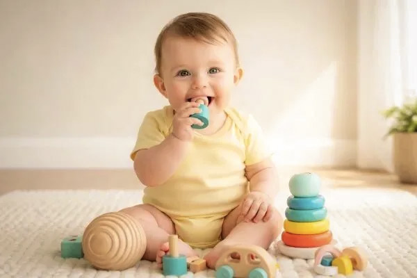 Happy baby in yellow onesie playing with BIS-approved teether and wooden toys — safe rattles for newborns 0-6 months