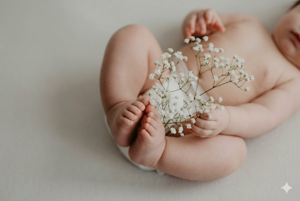 Close-up of newborn baby's delicate skin and tiny feet with soft white flowers — Mama's Care AZO-free skin-safe cotton products