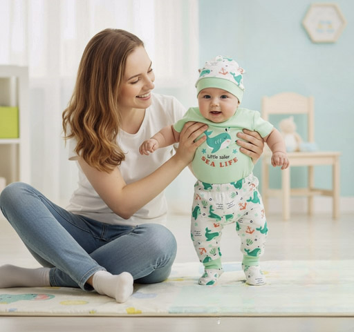 Mom helping baby stand wearing Mama's Care Sea Life printed green onesie top pyjama and cap set — AZO-free cotton newborn clothing 0-6 months