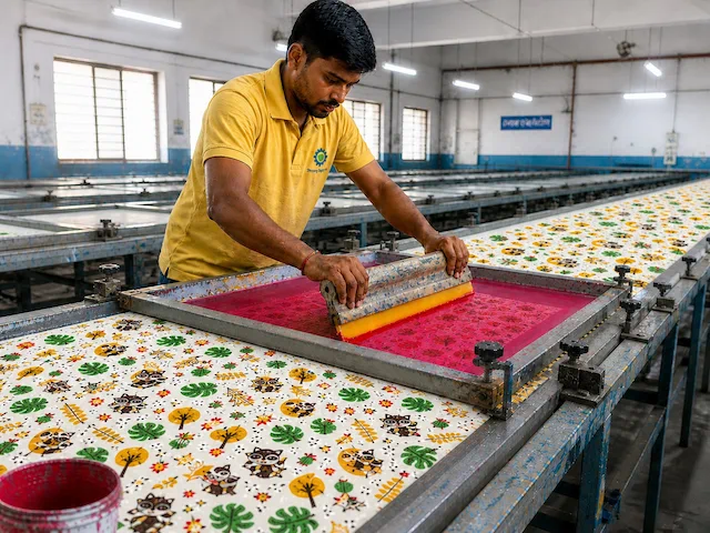 Artisan hand-finishing baby fabric print on table — Mama's Care screen printing process for newborn clothing